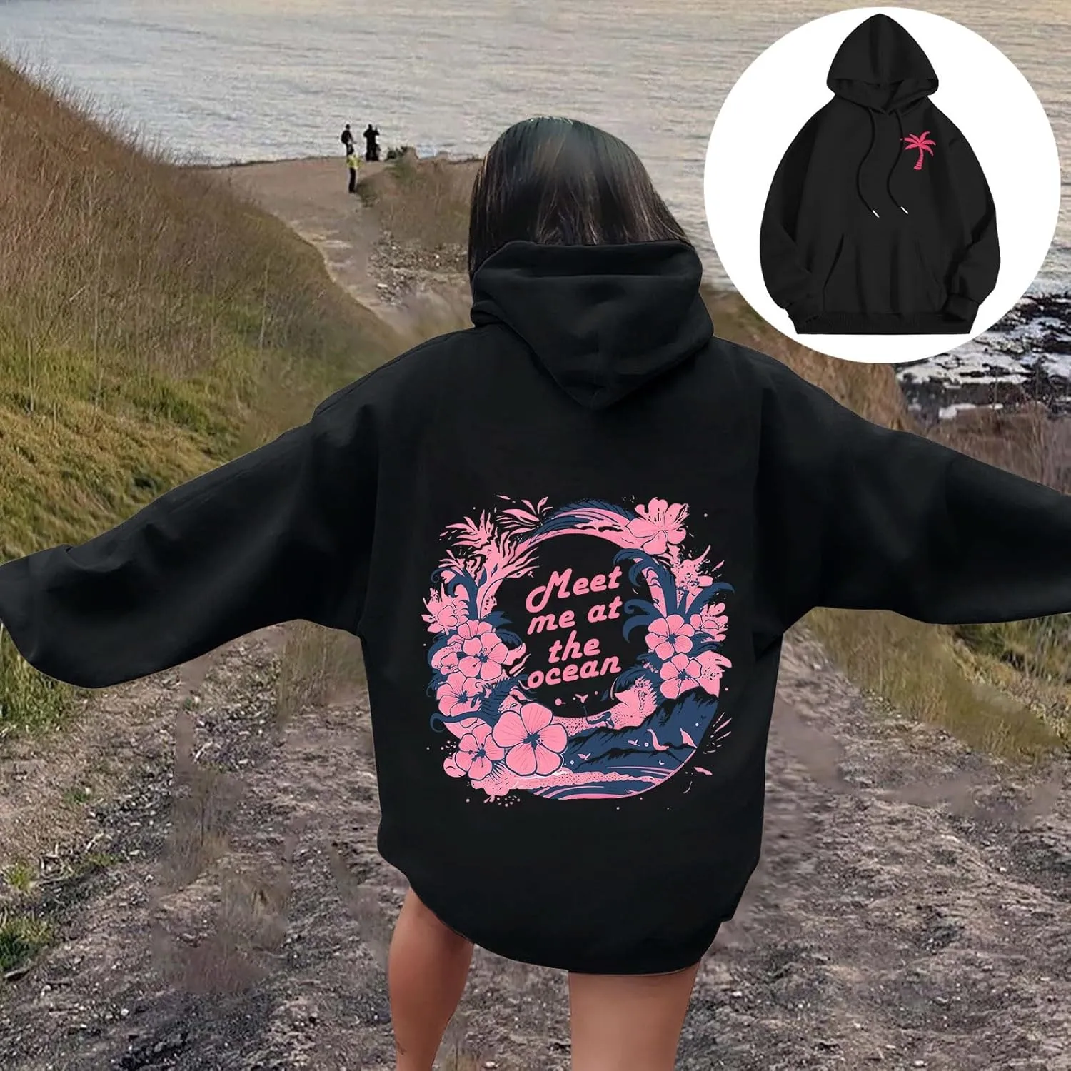 Pink Pom Puff Oversized Hoodies for Women, Teen Girls Preppy Sweatshirt Long Sleeve Y2K Graphic Tees with Pockets