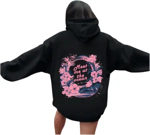 Pink Pom Puff Oversized Hoodies for Women, Teen Girls Preppy Sweatshirt Long Sleeve Y2K Graphic Tees with Pockets