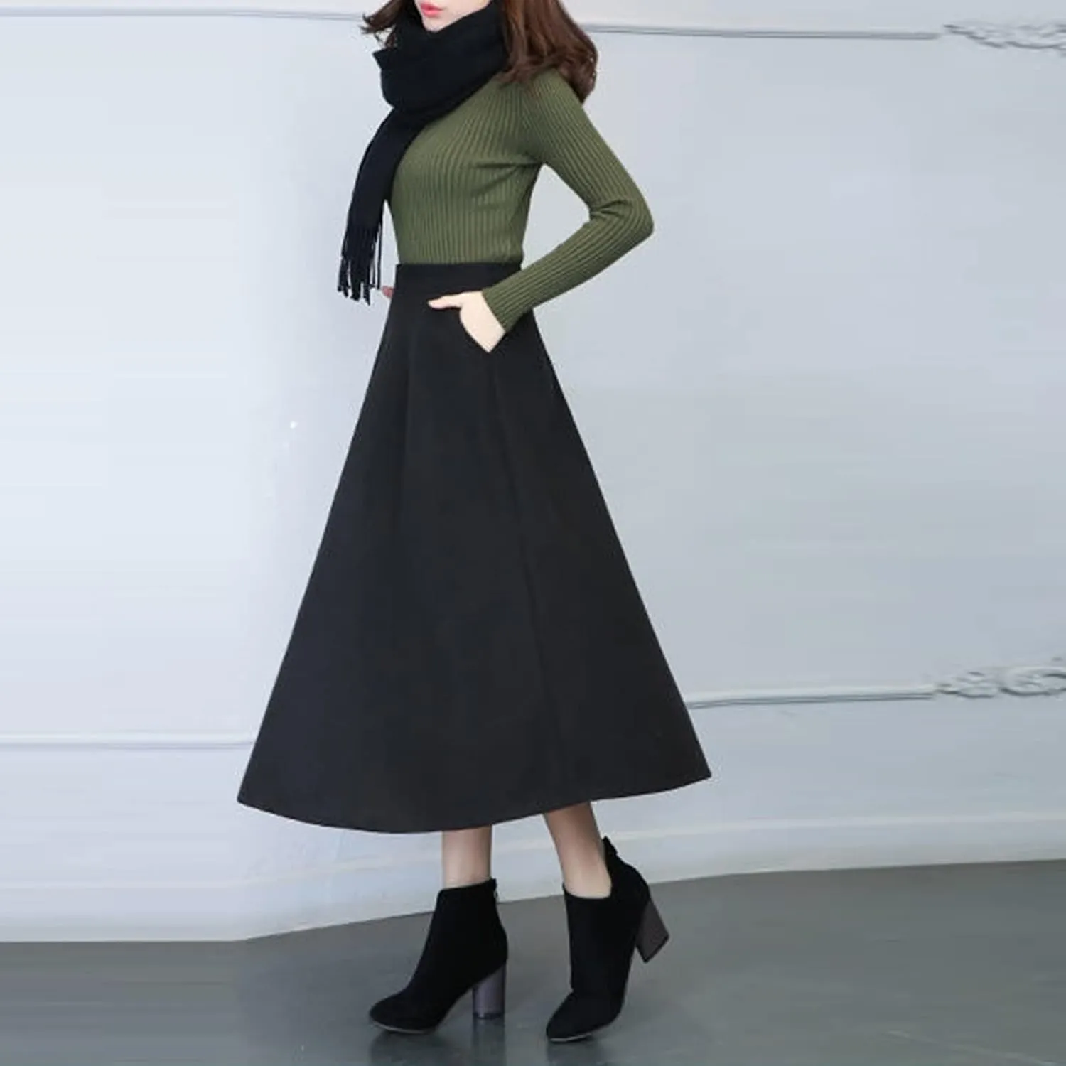 Pleated Skirt Womens Winter Vintage High Elastic Waist A Line Pleated Wool Midi Skirt Lady Skirt Short Skirt Glitter