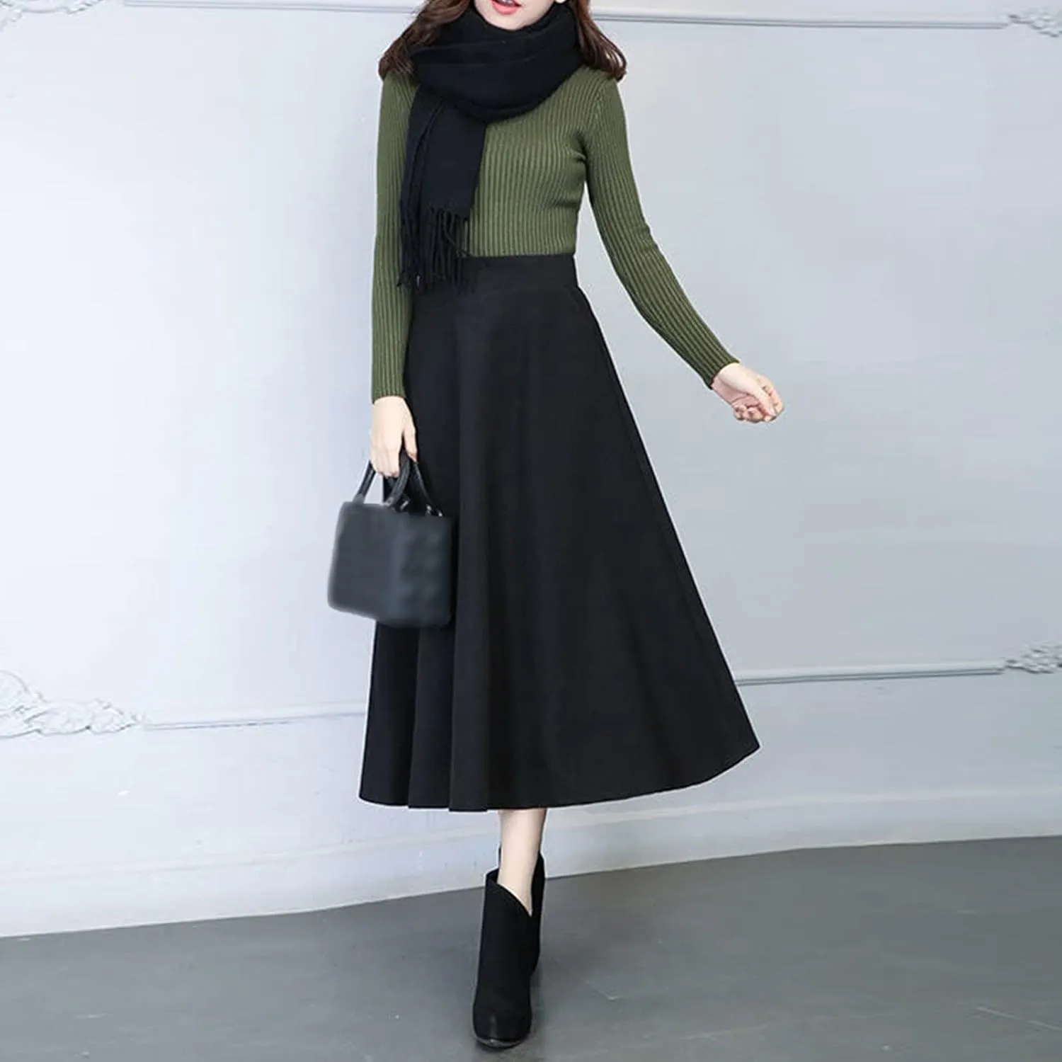Pleated Skirt Womens Winter Vintage High Elastic Waist A Line Pleated Wool Midi Skirt Lady Skirt Short Skirt Glitter
