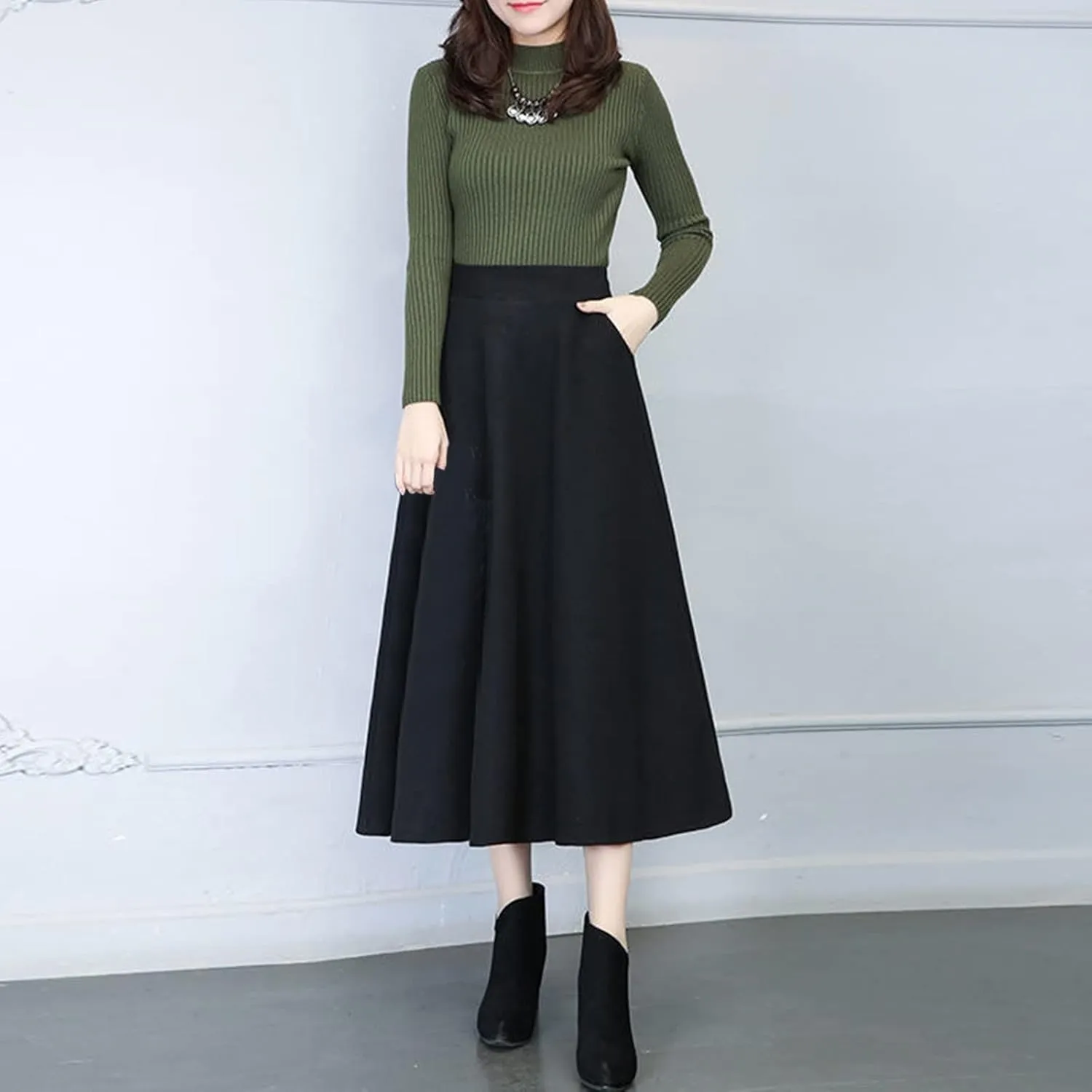 Pleated Skirt Womens Winter Vintage High Elastic Waist A Line Pleated Wool Midi Skirt Lady Skirt Short Skirt Glitter