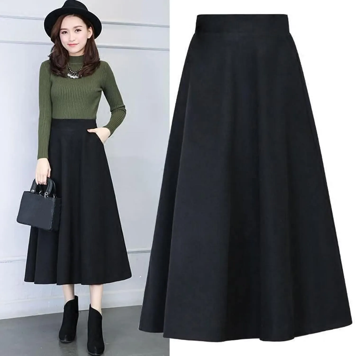 Pleated Skirt Womens Winter Vintage High Elastic Waist A Line Pleated Wool Midi Skirt Lady Skirt Short Skirt Glitter