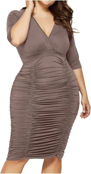 Plus Size Dresses for Curvy Women V-Neck Short Sleeves Ruched Bodycon Midi Dress Summer Beach Party Sundress