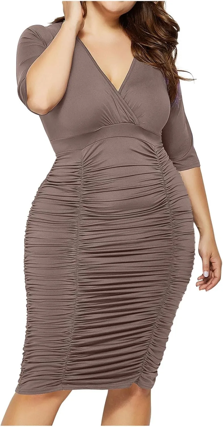 Plus Size Dresses for Curvy Women V-Neck Short Sleeves Ruched Bodycon Midi Dress Summer Beach Party Sundress