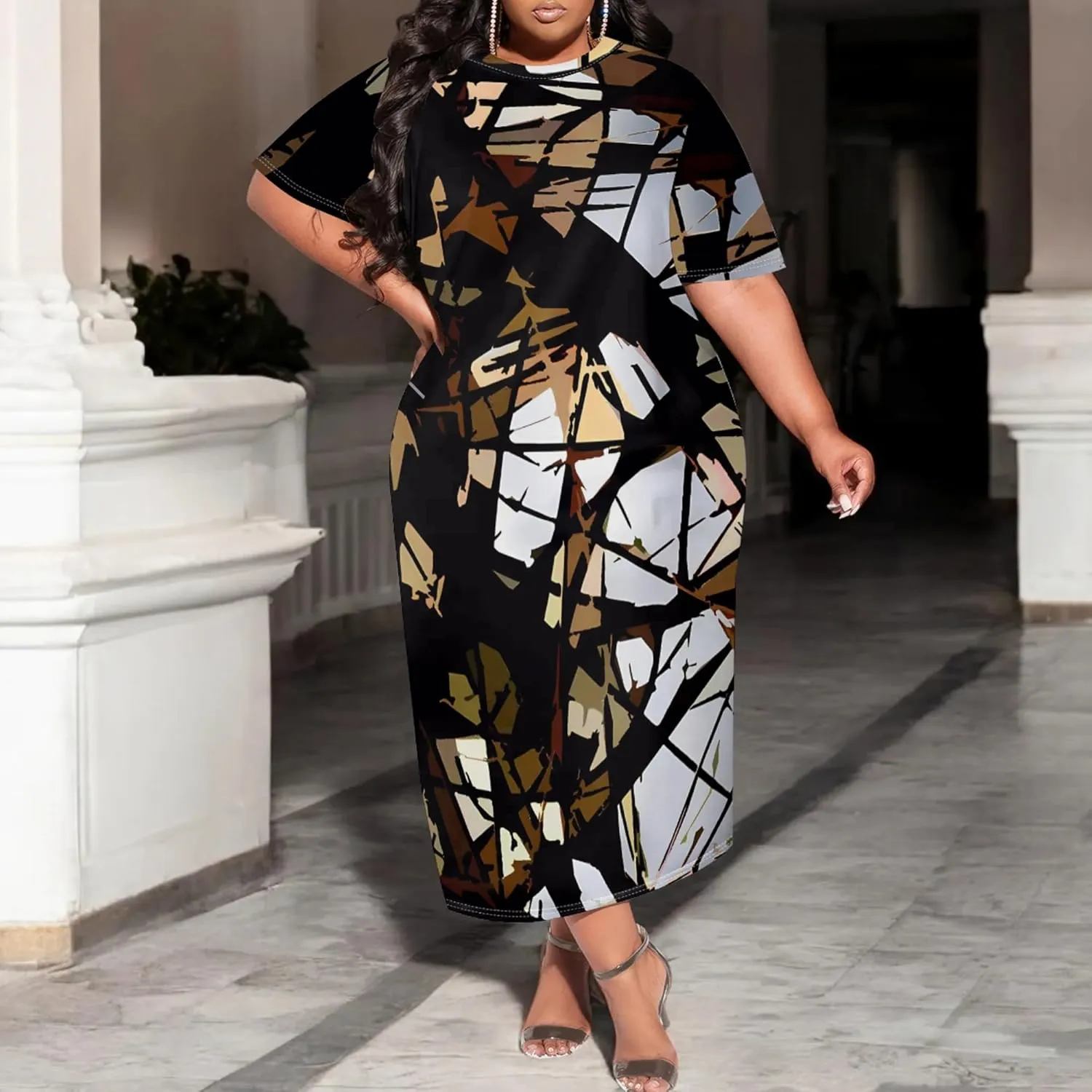 Plus Size Maxi Dresses Summer Casual Crewneck Short Sleeves Beach Sundress Loose Empire Waist T Shirt Long Dress with Pockets