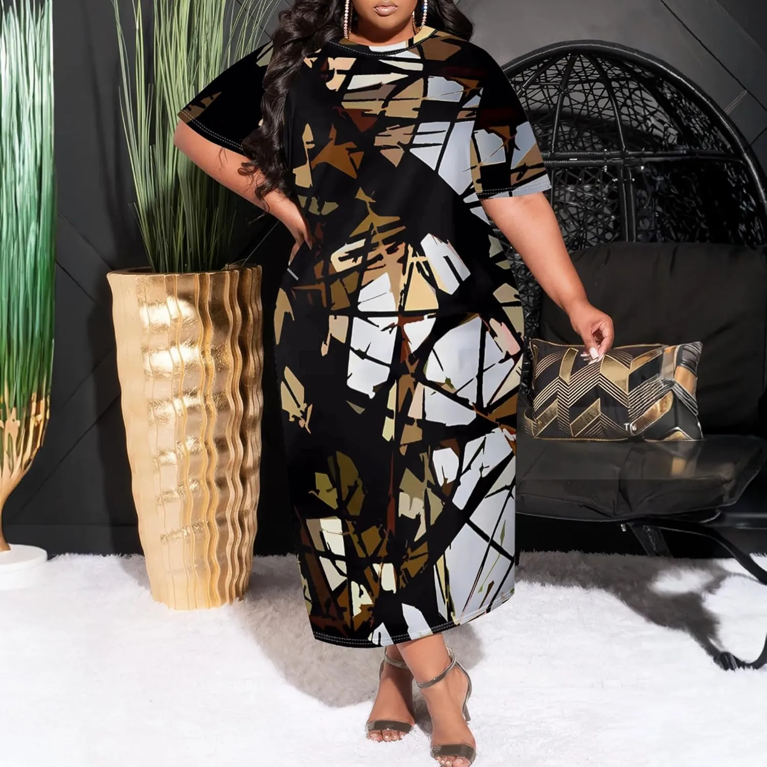 Plus Size Maxi Dresses Summer Casual Crewneck Short Sleeves Beach Sundress Loose Empire Waist T Shirt Long Dress with Pockets