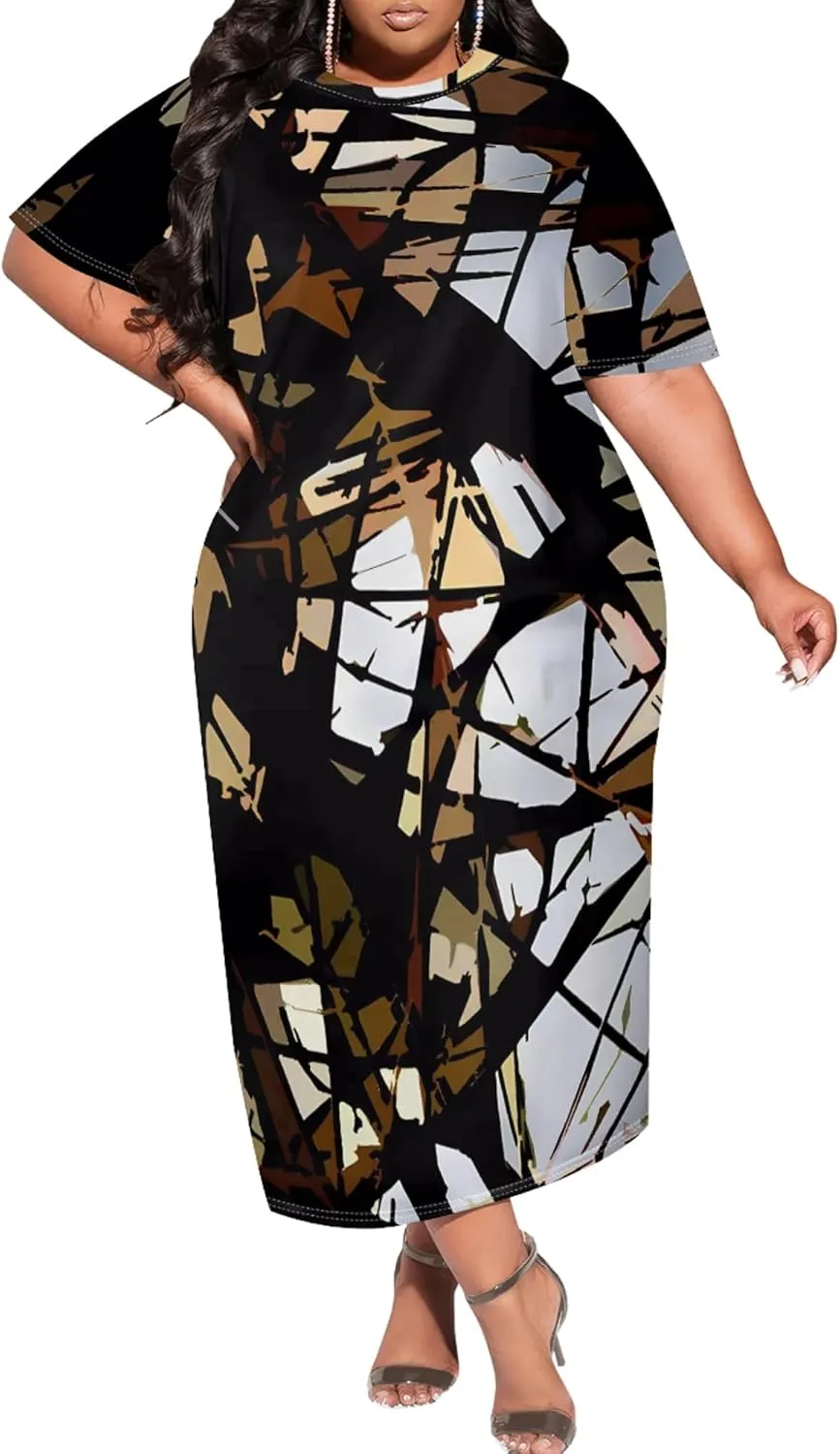 Plus Size Maxi Dresses Summer Casual Crewneck Short Sleeves Beach Sundress Loose Empire Waist T Shirt Long Dress with Pockets