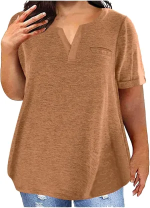 Plus Size Shirts For Women V Neck Loose Fit Summer Tshirts Short Sleeve Solid Color Fashion Blouse Comfy Tunic Tops