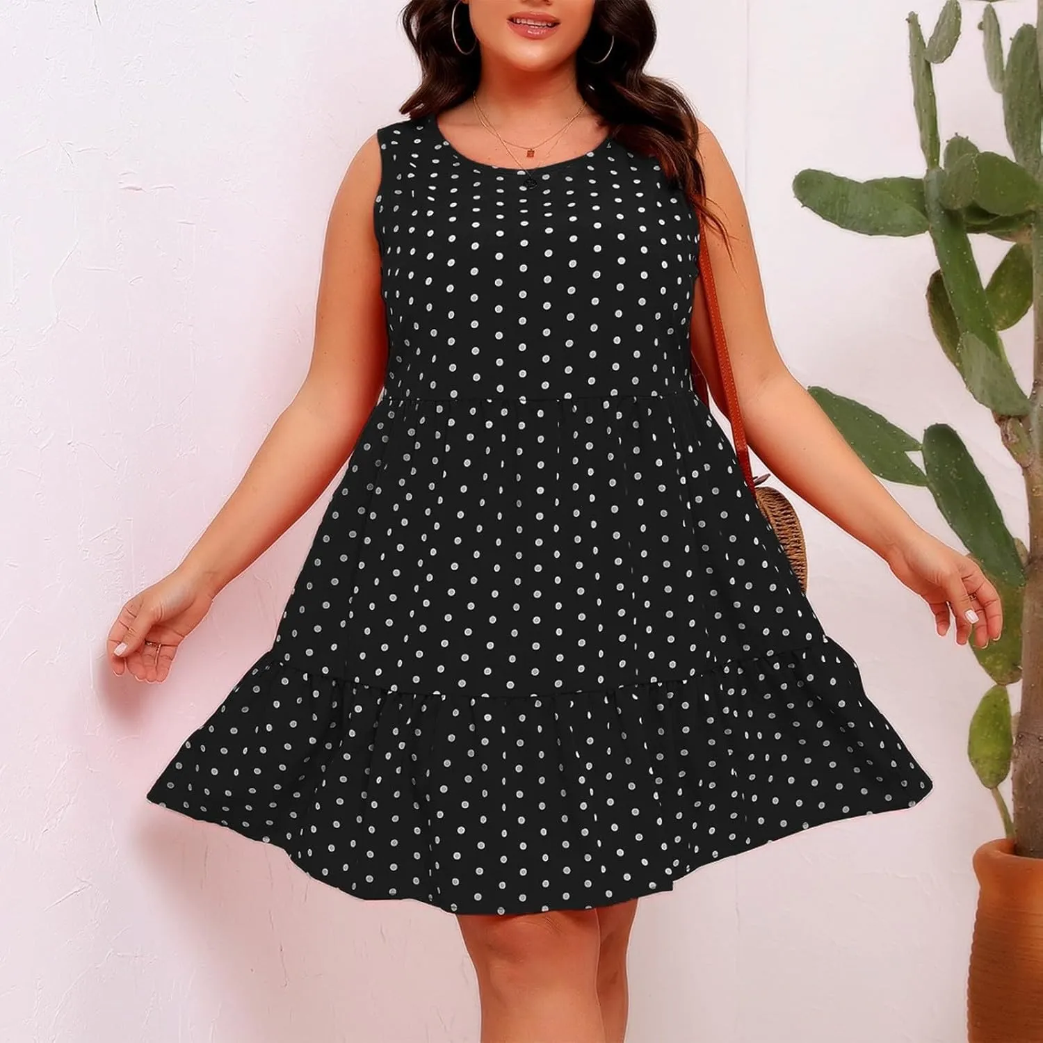 Plus Size Sundresses for Women 2025 Vacation Polka Dot Short Tank Dress Casual Summer Tiered Ruffle Mini Beach Dress