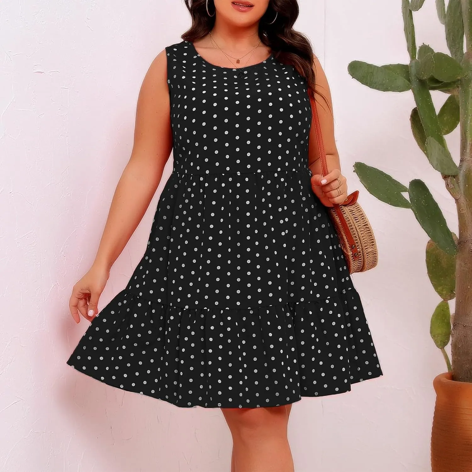 Plus Size Sundresses for Women 2025 Vacation Polka Dot Short Tank Dress Casual Summer Tiered Ruffle Mini Beach Dress