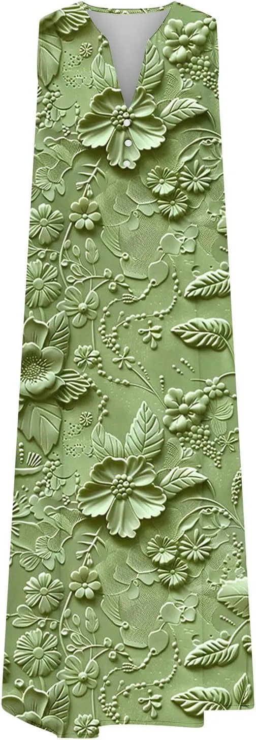 Plus Size Women's Embossed Floral Printed Midi Dresses with Pockets Loose Button V Neck Sleeveless A-Line Casual Summer Dress