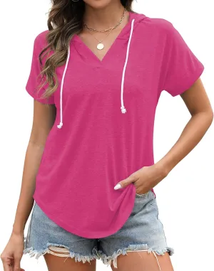 Poetsky Womens V Neck Long Short Sleeve Shirts Drawstring Hoodies Lightweight Pullover Tops
