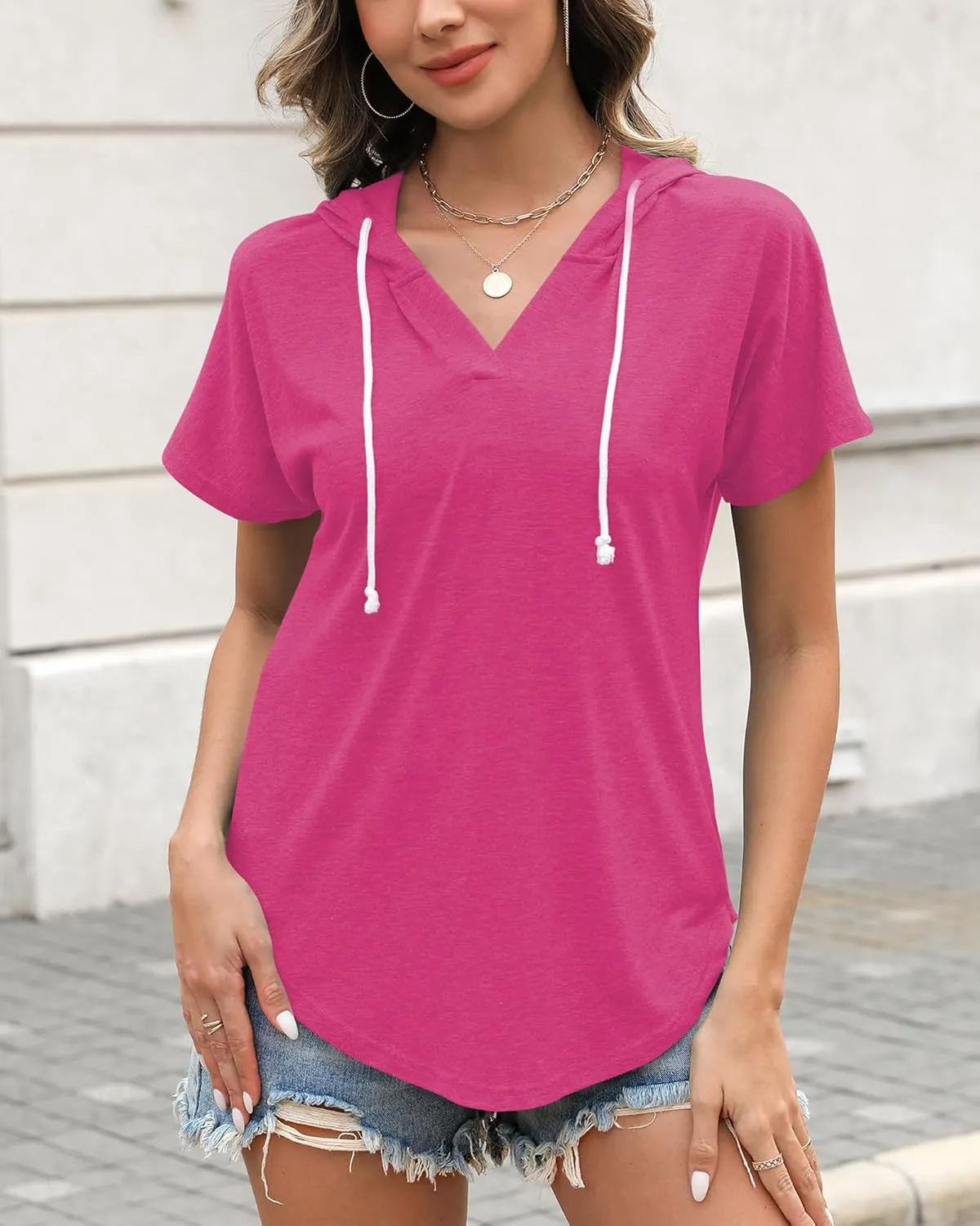 Poetsky Womens V Neck Long Short Sleeve Shirts Drawstring Hoodies Lightweight Pullover Tops