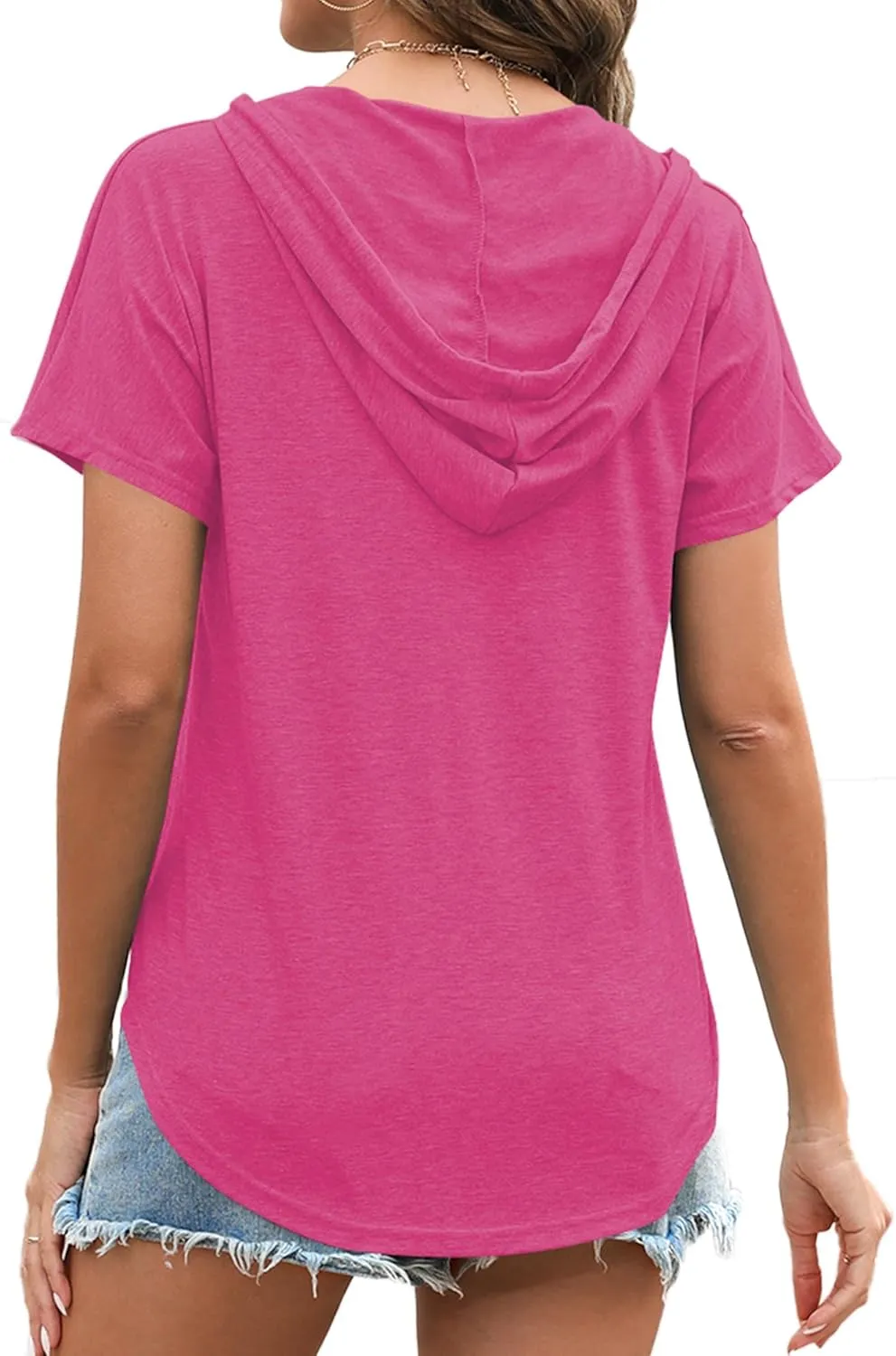 Poetsky Womens V Neck Long Short Sleeve Shirts Drawstring Hoodies Lightweight Pullover Tops