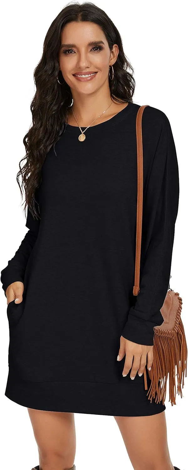 PrinStory Women's Long Sleeves Dresses Causal Loose Round-Neck Tuinc Tops Basic Dress with Side Pockets