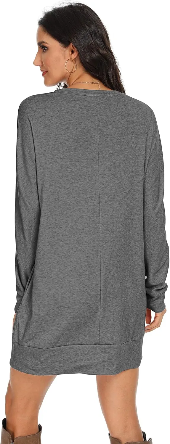PrinStory Women's Long Sleeves Dresses Causal Loose Round-Neck Tuinc Tops Basic Dress with Side Pockets
