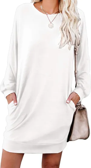 PrinStory Women's Long Sleeves Dresses Causal Loose Round-Neck Tuinc Tops Basic Dress with Side Pockets