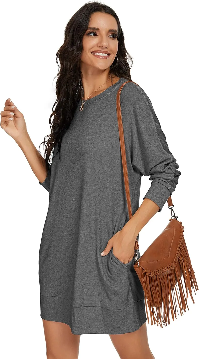 PrinStory Women's Long Sleeves Dresses Causal Loose Round-Neck Tuinc Tops Basic Dress with Side Pockets