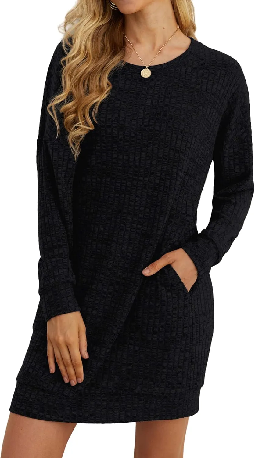 PrinStory Women's Long Sleeves Dresses Causal Loose Round-Neck Tuinc Tops Basic Dress with Side Pockets