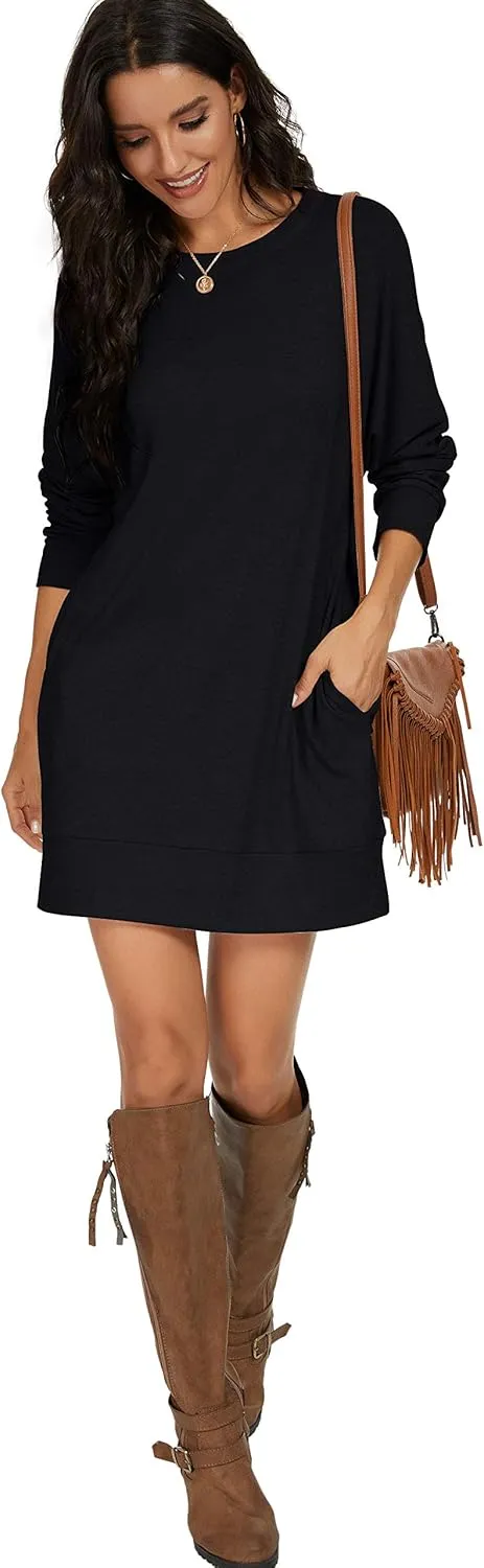 PrinStory Women's Long Sleeves Dresses Causal Loose Round-Neck Tuinc Tops Basic Dress with Side Pockets