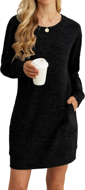 PrinStory Women's Long Sleeves Dresses Causal Loose Round-Neck Tuinc Tops Basic Dress with Side Pockets