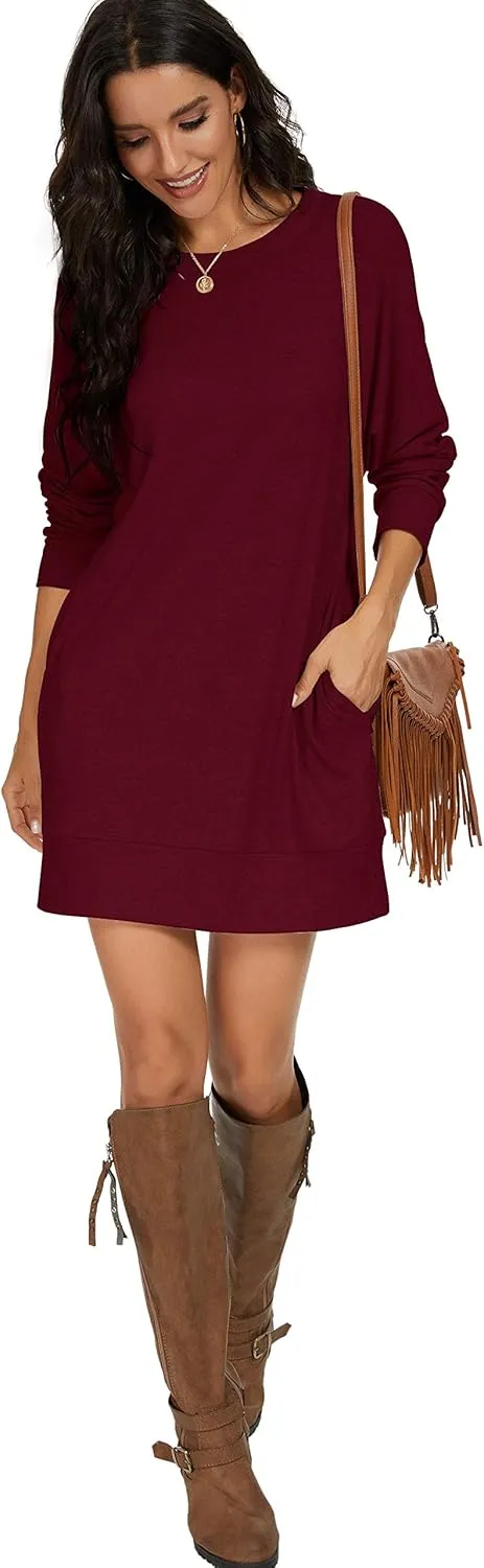 PrinStory Women's Long Sleeves Dresses Causal Loose Round-Neck Tuinc Tops Basic Dress with Side Pockets