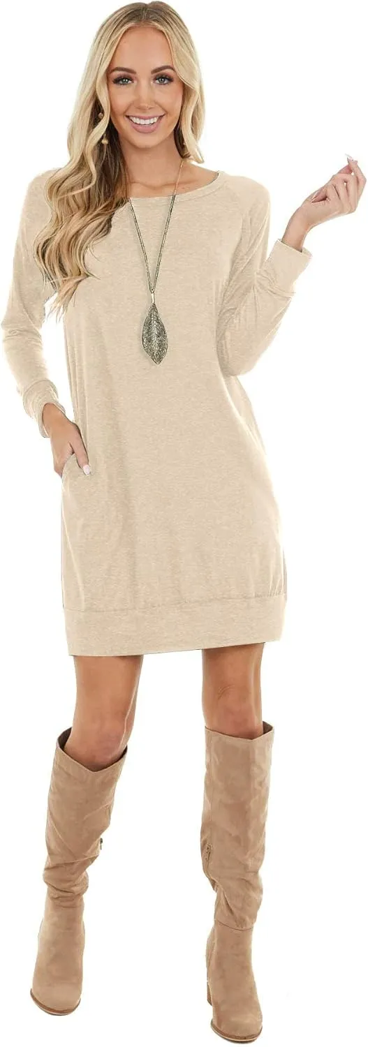 PrinStory Women's Long Sleeves Dresses Causal Loose Round-Neck Tuinc Tops Basic Dress with Side Pockets