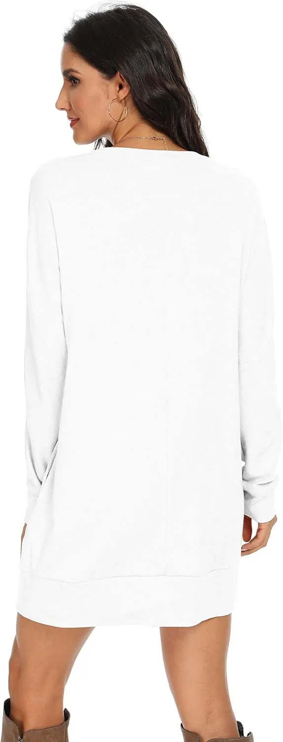 PrinStory Women's Long Sleeves Dresses Causal Loose Round-Neck Tuinc Tops Basic Dress with Side Pockets