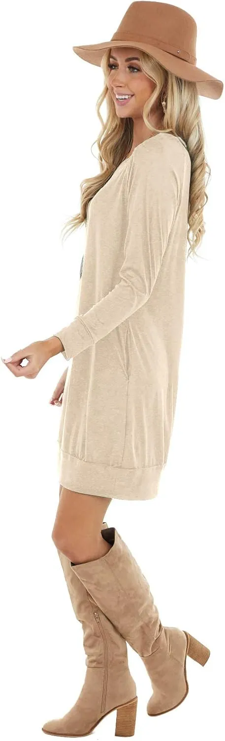 PrinStory Women's Long Sleeves Dresses Causal Loose Round-Neck Tuinc Tops Basic Dress with Side Pockets