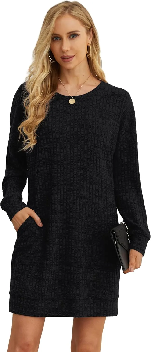 PrinStory Women's Long Sleeves Dresses Causal Loose Round-Neck Tuinc Tops Basic Dress with Side Pockets