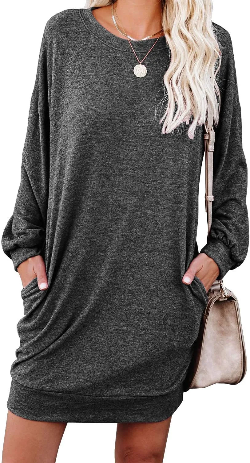 PrinStory Women's Long Sleeves Dresses Causal Loose Round-Neck Tuinc Tops Basic Dress with Side Pockets