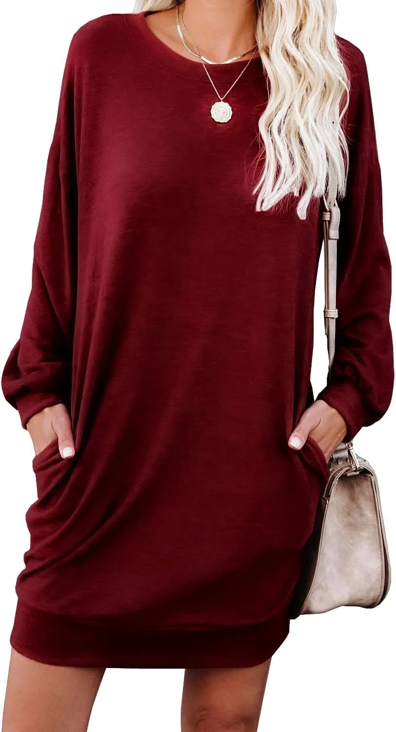 PrinStory Women's Long Sleeves Dresses Causal Loose Round-Neck Tuinc Tops Basic Dress with Side Pockets