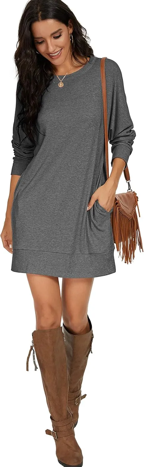 PrinStory Women's Long Sleeves Dresses Causal Loose Round-Neck Tuinc Tops Basic Dress with Side Pockets