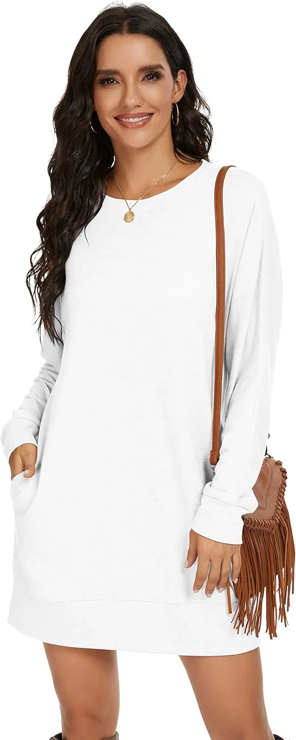 PrinStory Women's Long Sleeves Dresses Causal Loose Round-Neck Tuinc Tops Basic Dress with Side Pockets