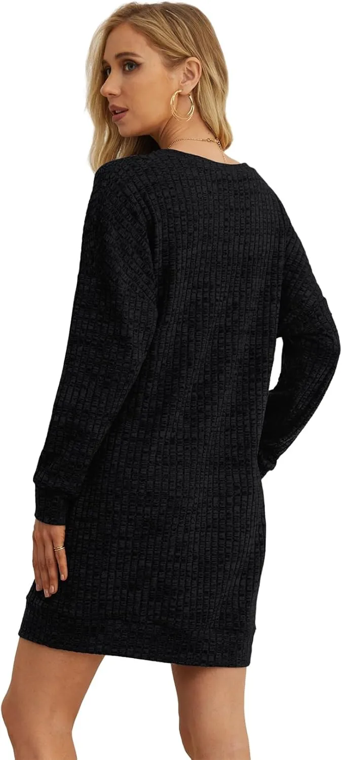 PrinStory Women's Long Sleeves Dresses Causal Loose Round-Neck Tuinc Tops Basic Dress with Side Pockets