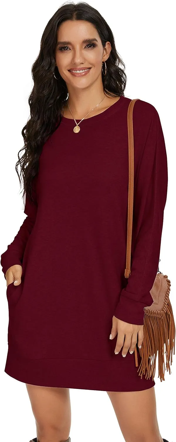 PrinStory Women's Long Sleeves Dresses Causal Loose Round-Neck Tuinc Tops Basic Dress with Side Pockets