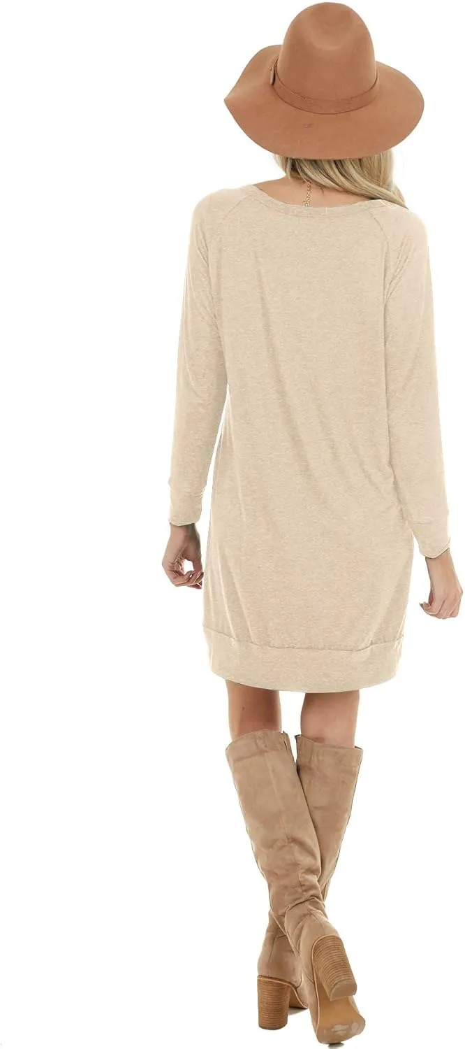 PrinStory Women's Long Sleeves Dresses Causal Loose Round-Neck Tuinc Tops Basic Dress with Side Pockets