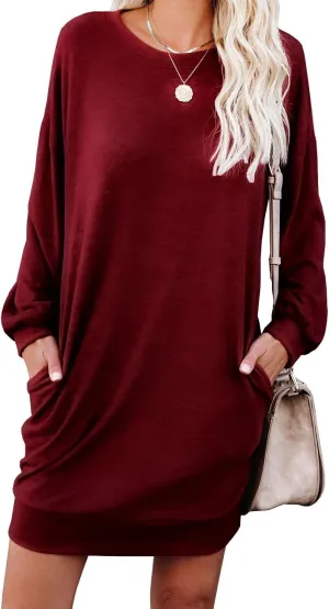 PrinStory Women's Long Sleeves Dresses Causal Loose Round-Neck Tuinc Tops Basic Dress with Side Pockets