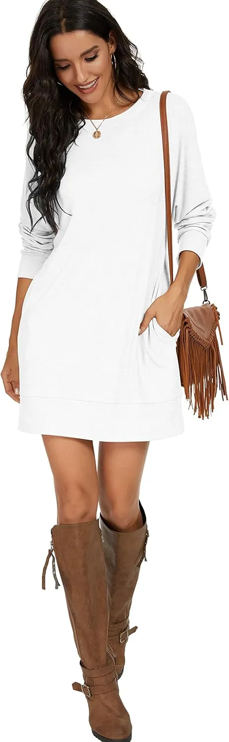 PrinStory Women's Long Sleeves Dresses Causal Loose Round-Neck Tuinc Tops Basic Dress with Side Pockets