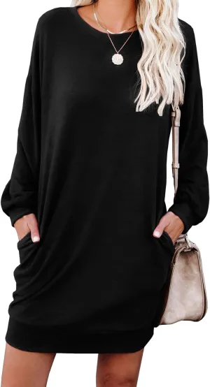 PrinStory Women's Long Sleeves Dresses Causal Loose Round-Neck Tuinc Tops Basic Dress with Side Pockets
