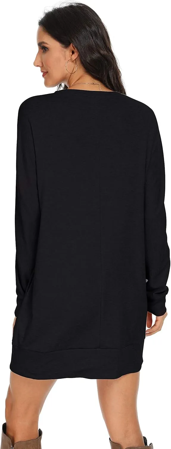 PrinStory Women's Long Sleeves Dresses Causal Loose Round-Neck Tuinc Tops Basic Dress with Side Pockets