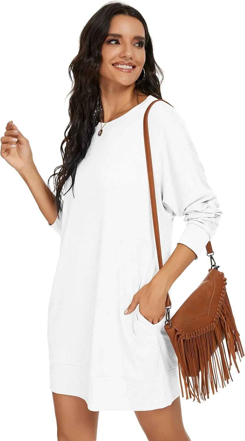 PrinStory Women's Long Sleeves Dresses Causal Loose Round-Neck Tuinc Tops Basic Dress with Side Pockets