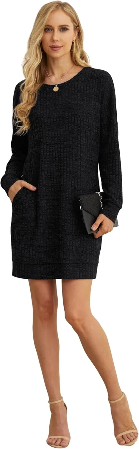 PrinStory Women's Long Sleeves Dresses Causal Loose Round-Neck Tuinc Tops Basic Dress with Side Pockets