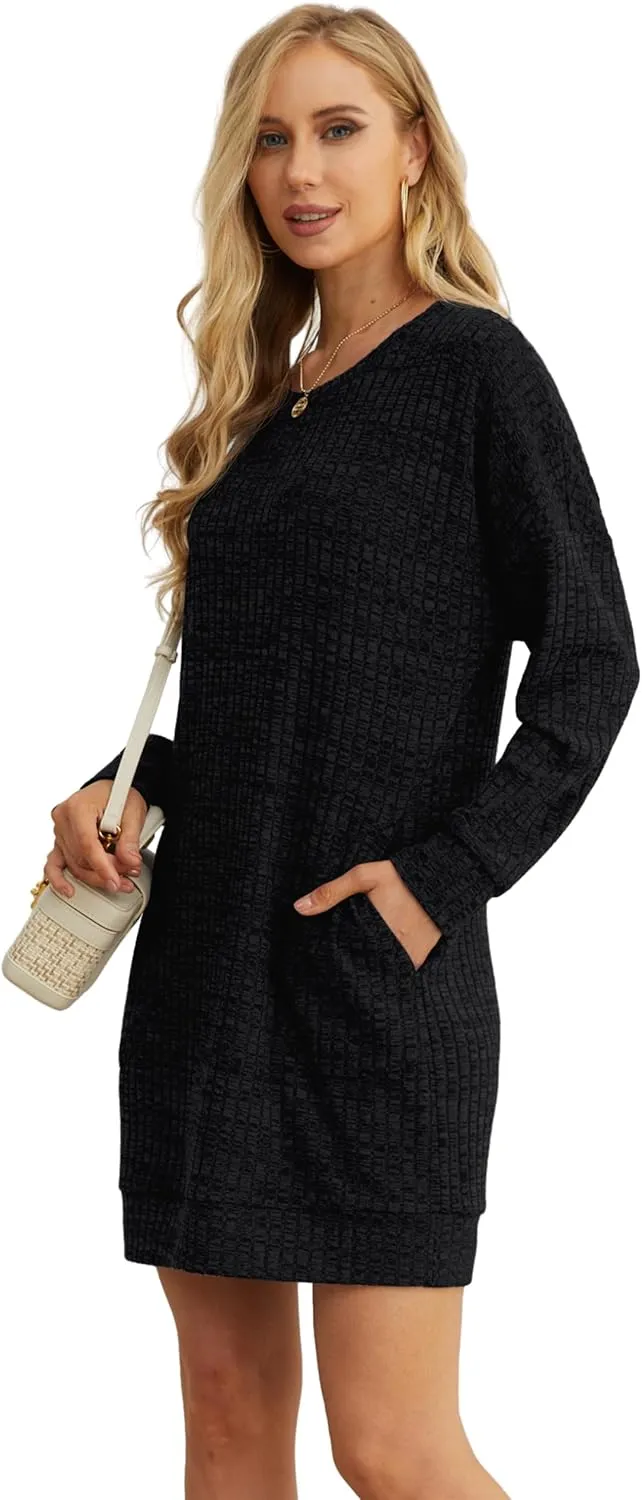 PrinStory Women's Long Sleeves Dresses Causal Loose Round-Neck Tuinc Tops Basic Dress with Side Pockets