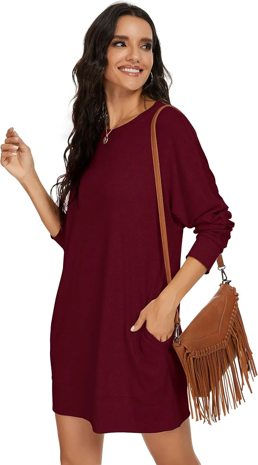 PrinStory Women's Long Sleeves Dresses Causal Loose Round-Neck Tuinc Tops Basic Dress with Side Pockets