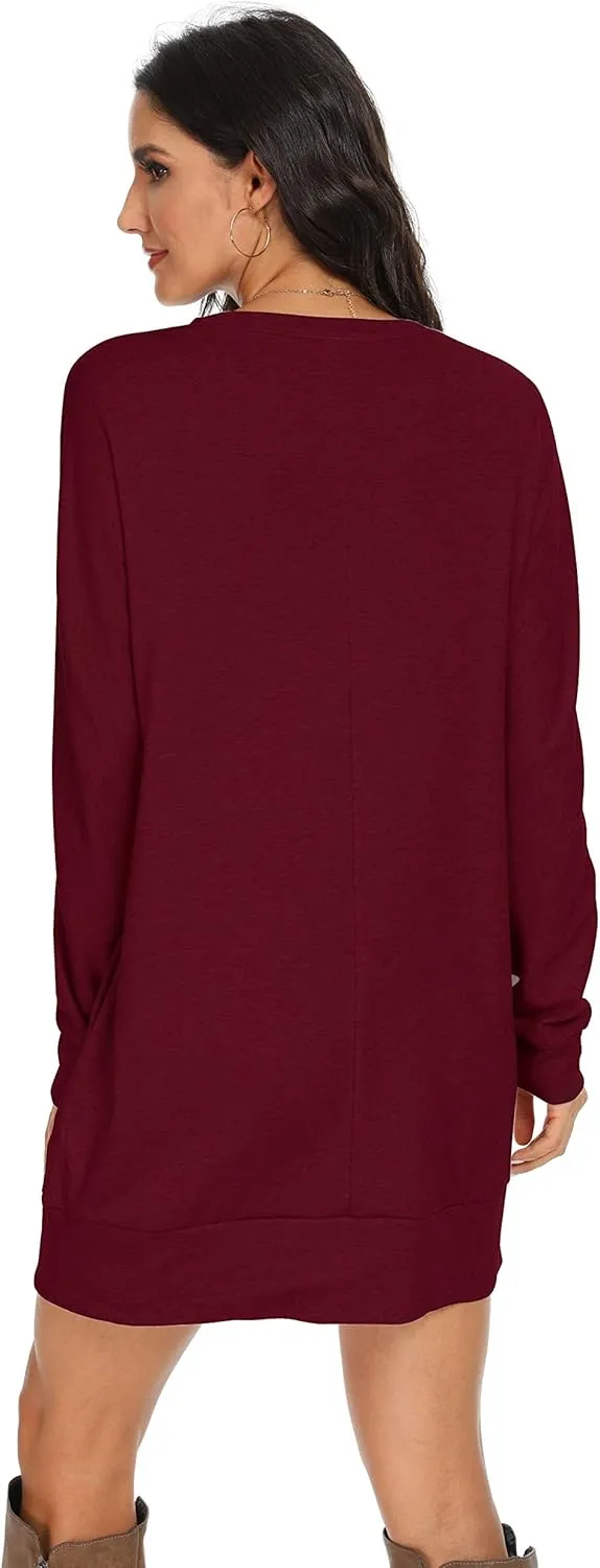 PrinStory Women's Long Sleeves Dresses Causal Loose Round-Neck Tuinc Tops Basic Dress with Side Pockets