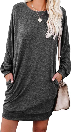 PrinStory Women's Long Sleeves Dresses Causal Loose Round-Neck Tuinc Tops Basic Dress with Side Pockets