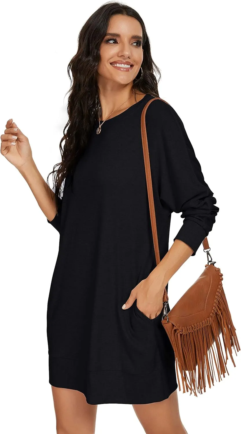 PrinStory Women's Long Sleeves Dresses Causal Loose Round-Neck Tuinc Tops Basic Dress with Side Pockets