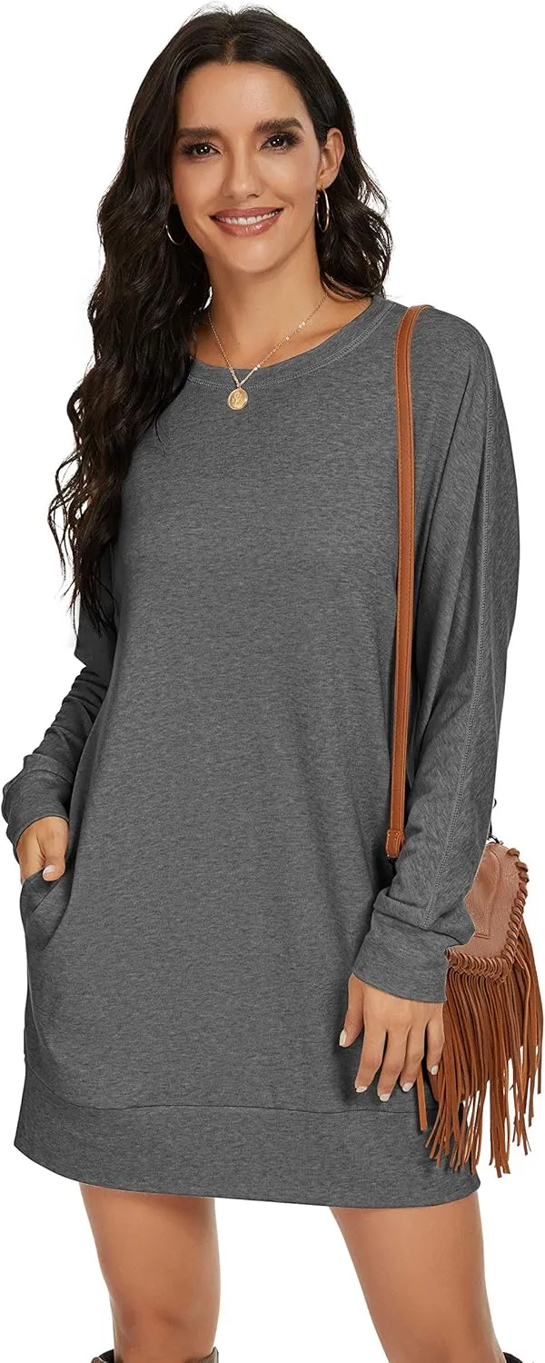 PrinStory Women's Long Sleeves Dresses Causal Loose Round-Neck Tuinc Tops Basic Dress with Side Pockets