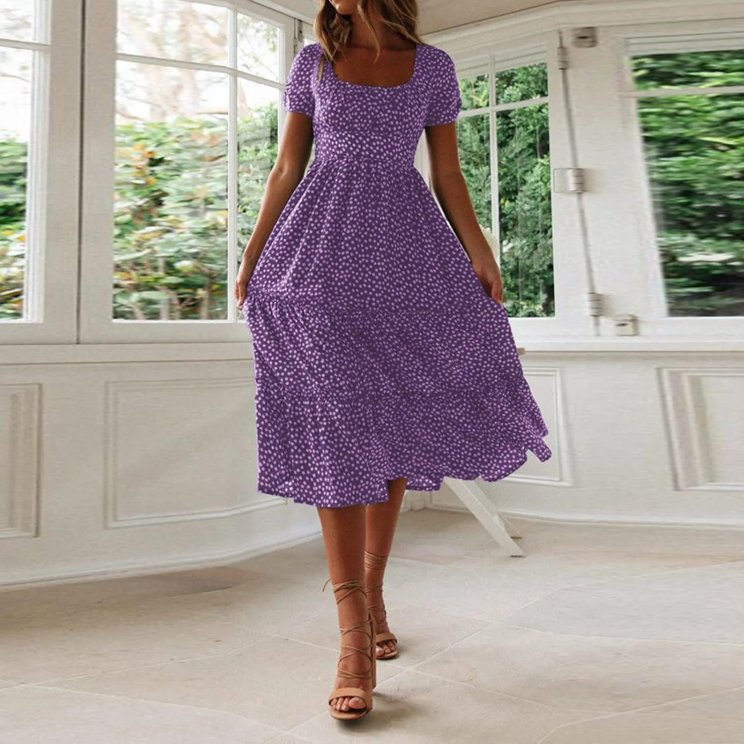 PTOLOCIF Women 2024 Casual Maxi Dress Casual Square Neck Ruffle Smocked Boho Flowy Dress Short Sleeve Floral Print Sundresses